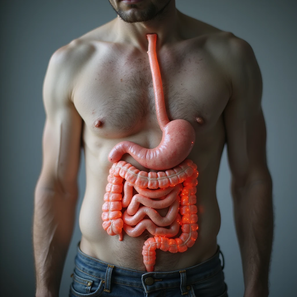 realistic adult man with simple clothing, body with stylized inflamed intestine, red swollen areas, sugar symbolism as cause, atmosphere of discomfort, clinical background, 4K quality emoji