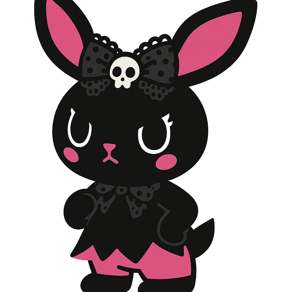 gothic bunny with black and pink colors, lace bow, small skull accessory, vibrant toon style emoji