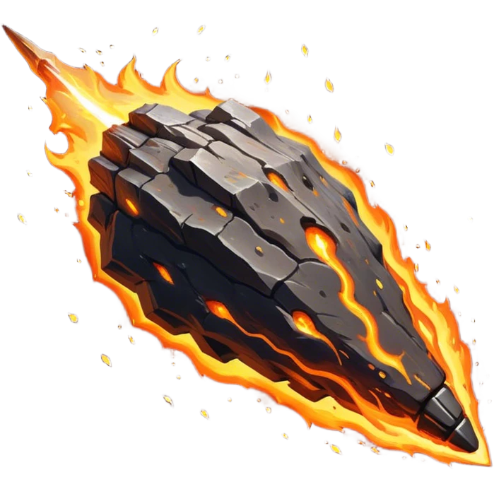 A massive, rocky meteor blazing through space with a fiery tail of orange and yellow flames. Its surface is rugged and cracked, glowing with intense heat. Embers and sparks trail behind as it hurtles forward. emoji