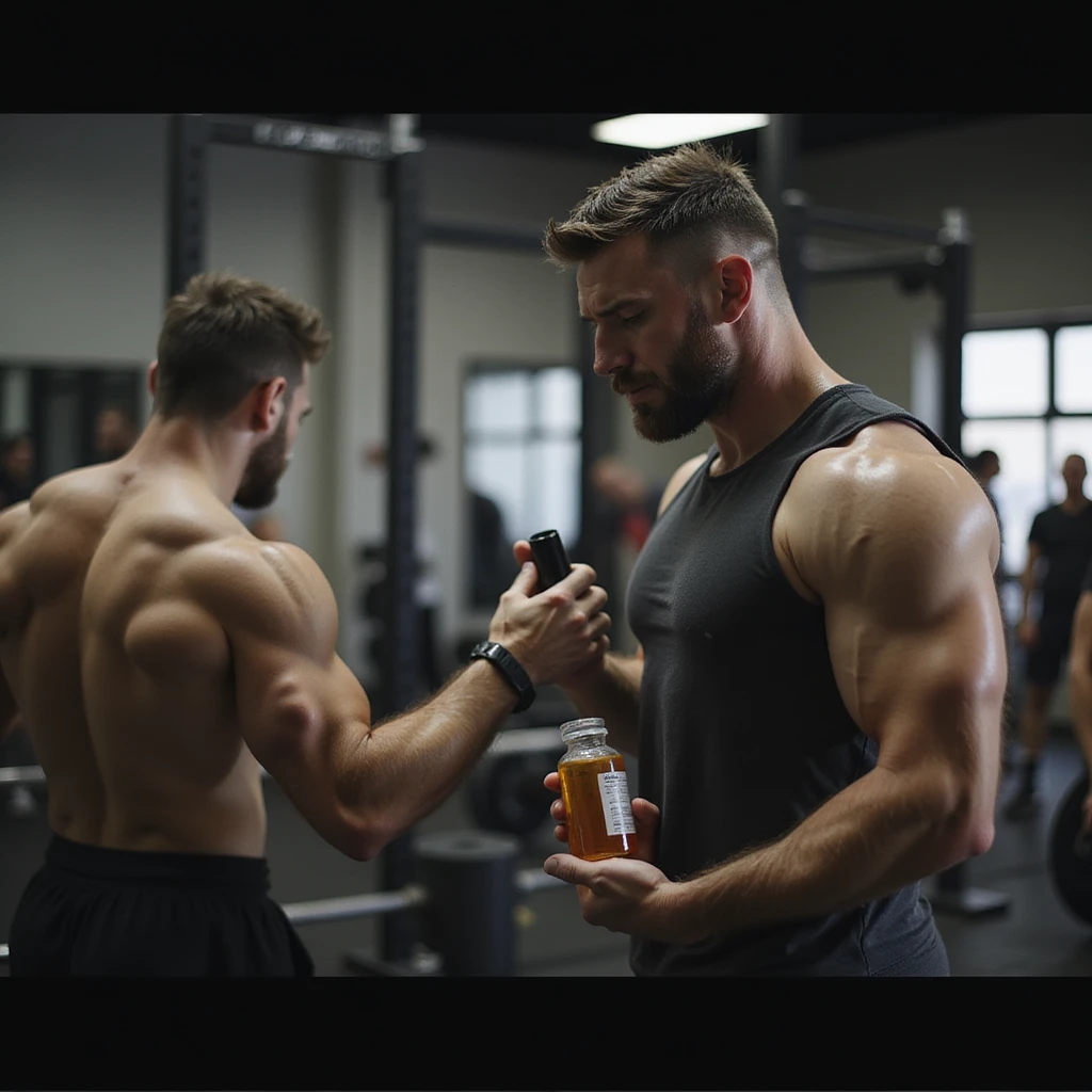 realistic powerlifter in gym, observing other athletes while holding a bottle of anabolic steroids (AAS), expression torn between curiosity and doubt, isolated on white background emoji