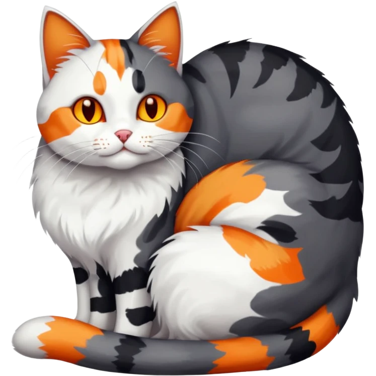 full body large dark grey and white cat cuddling a colourful light patched calico + white tabby cat  emoji