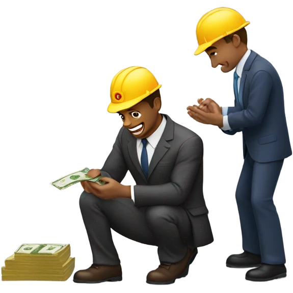 A kneeling construction worker giving a guy with a suit money emoji