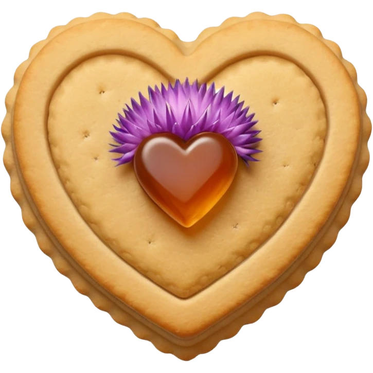 Realistic shortbread cookie in the shape of a heart with Thistle jelly middle filling and sprinkled powder sugar on top. emoji