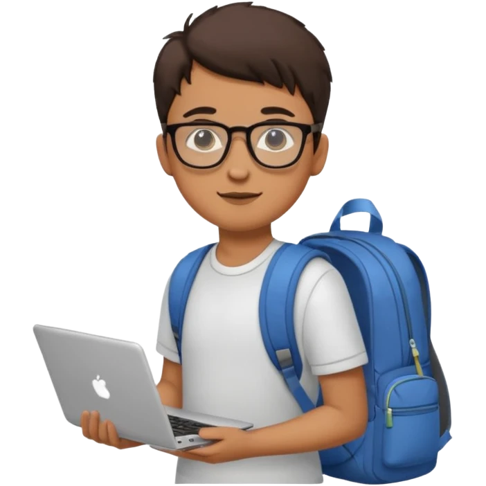 un estudiante que este parado con sus lentes y su laptop emoji
