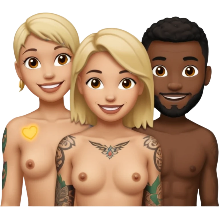 naked tattoed female, 2 black males emoji