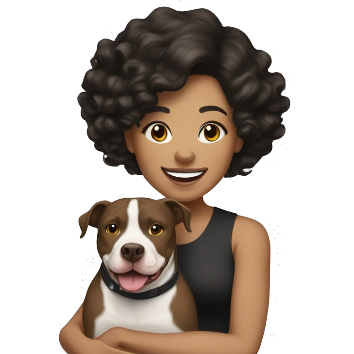 light skin woman with wavy black hair expressing joy alongide a white and brown pitbull emoji