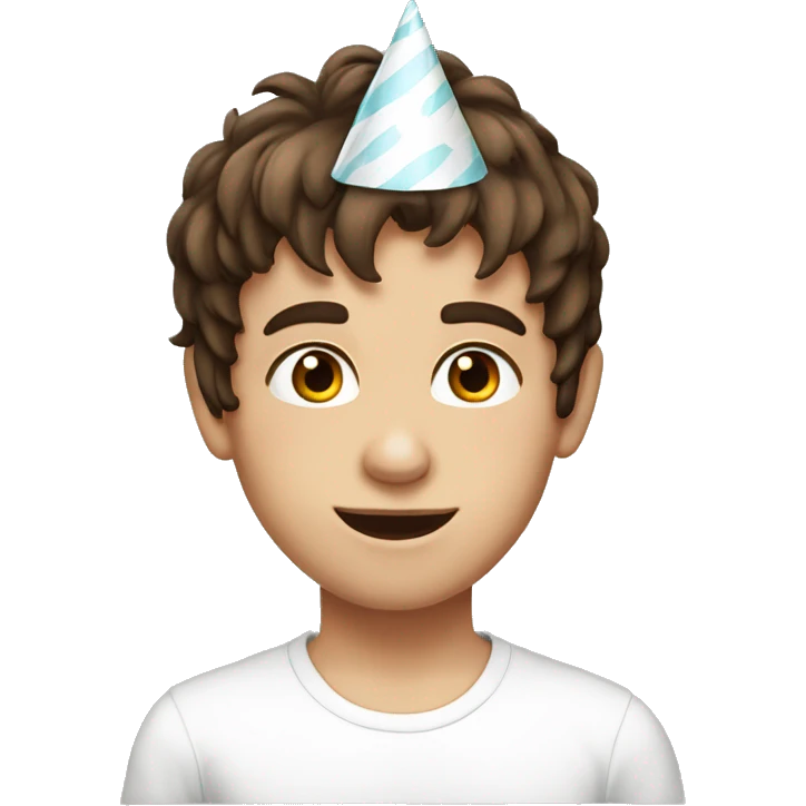 Young Boy, straight brown hair, brown eyes, white skin, birthday party hat emoji