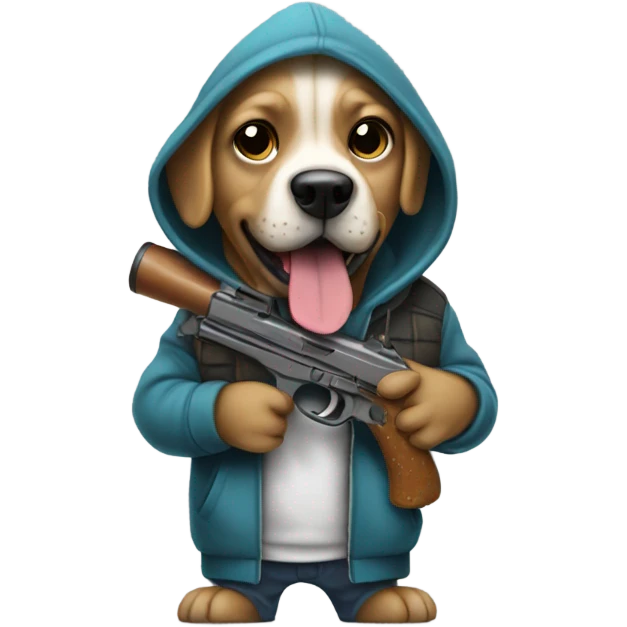 Dog wearing a hoodie holding a pew pew emoji