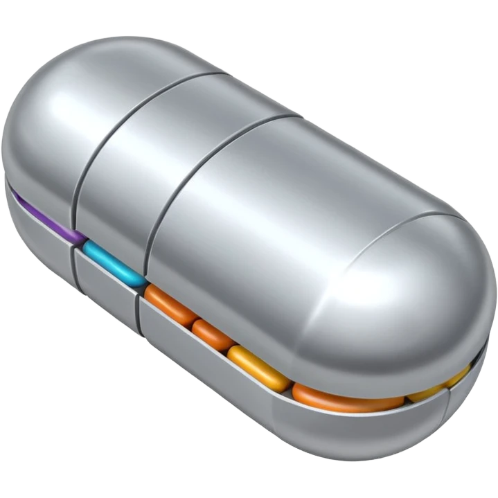 capsule pill emoji, metallic silver halves, smooth glossy finish, futuristic pharmaceutical 3D icon, isolated on white emoji