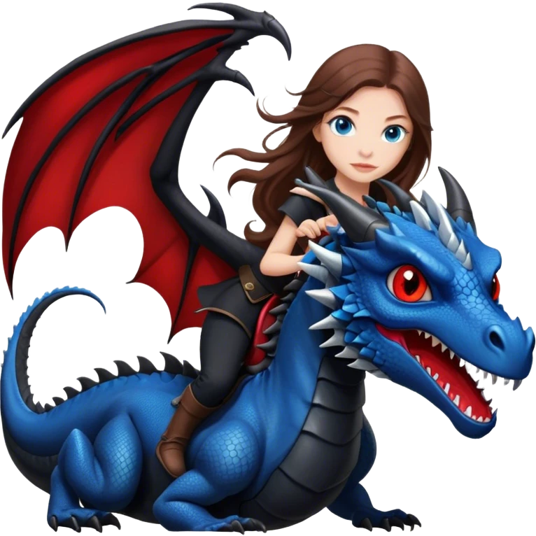 Me, a white female with long brown hair, and blue eyes, wearing black and red, and riding a very black wyvern dragon with hints of red, to your work emoji