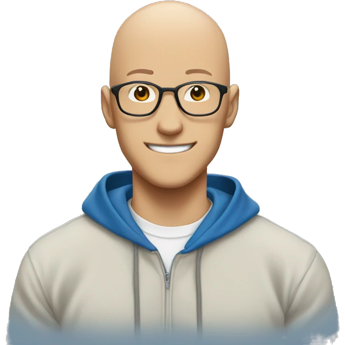 bald saitama in his 20s wearing glasses smiling in a blue hoodie emoji