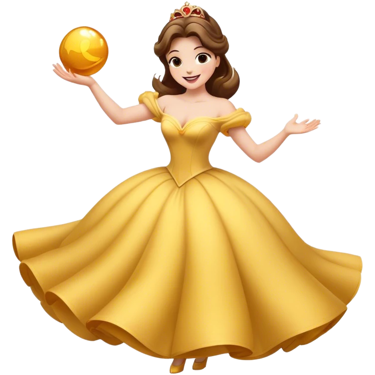 Cinematic Playful Belle Portrait Emoji, Spinning joyfully in her ball gown, arms outstretched, a radiant smile lighting up her face, exuding an enchanting blend of fun and elegance! emoji
