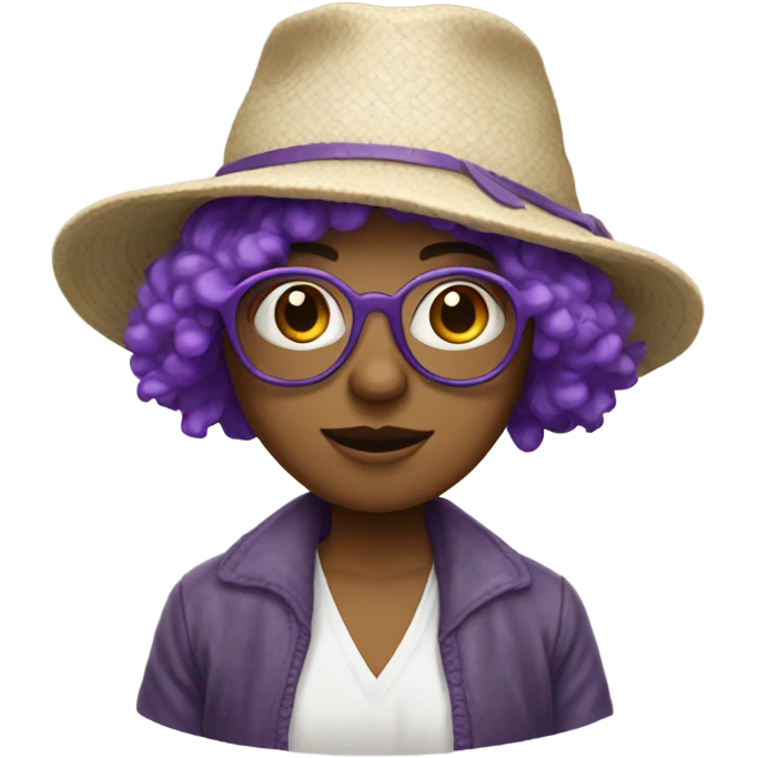 Hippie wearing a white, floppy hemp hat. She has short purple hair and where round glasses.  emoji