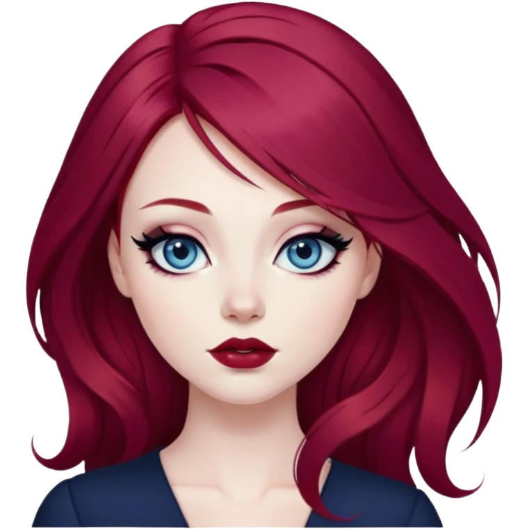 pretty baddie, wine red hair, cute lips, pale skin, long hair, dark blue eyes, bold black eyeliner emoji