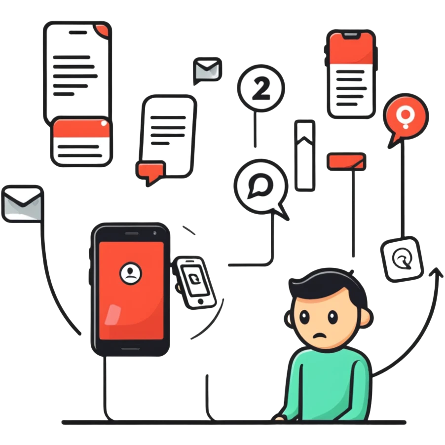 social media addiction with person staring at phone surrounded by notification symbols emoji