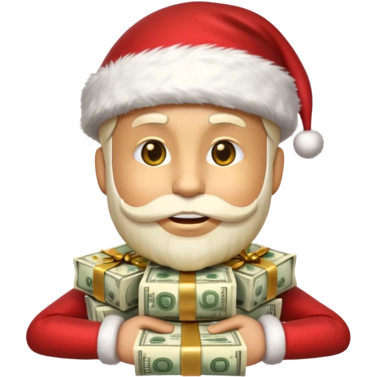 A confident rich emoji face wearing a Santa hat, money stacks, casino vibe, New Year theme, premium 3D emoji style, sharp details, no text, isolated on transparent background emoji