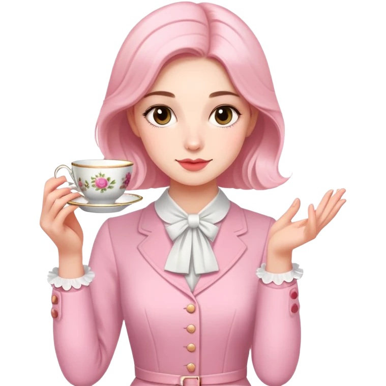 British girl elegantly holding teacup with one hand, pinky slightly raised, proper tea etiquette emoji
