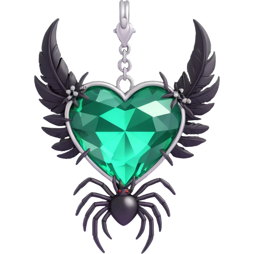 3D emoji gothic heart, emerald green crystal, silver spider charm, feather accents, lush and gothic emoji