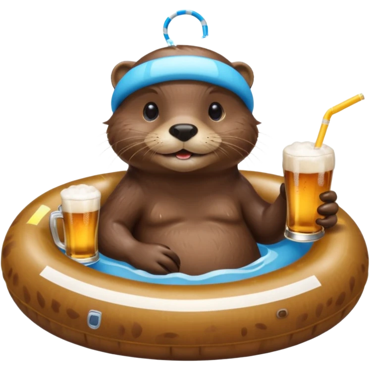 an otter sitting in an inflatable pool filled up with beer who is sipping directly from the pool made of beer with a little straw emoji