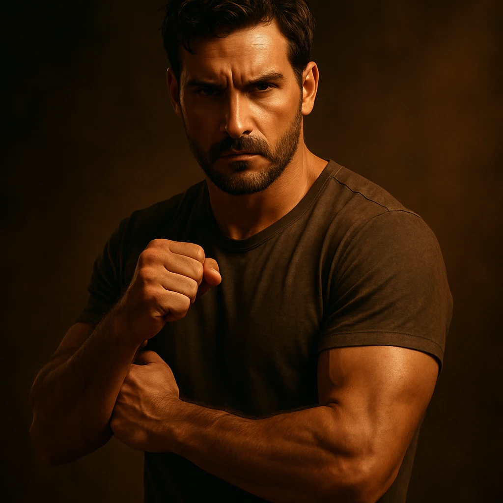 hyper realistic 4K cinematic image of a man standing in a protective stance, exuding masculine energy, dramatic and warm lighting emoji