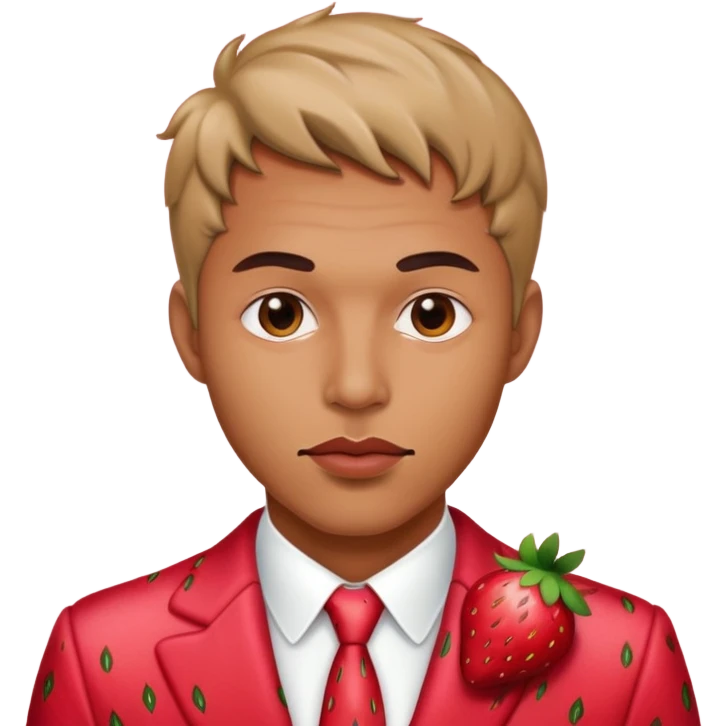 Mn wearing strawberry suit with a sultry look and lip bite emoji