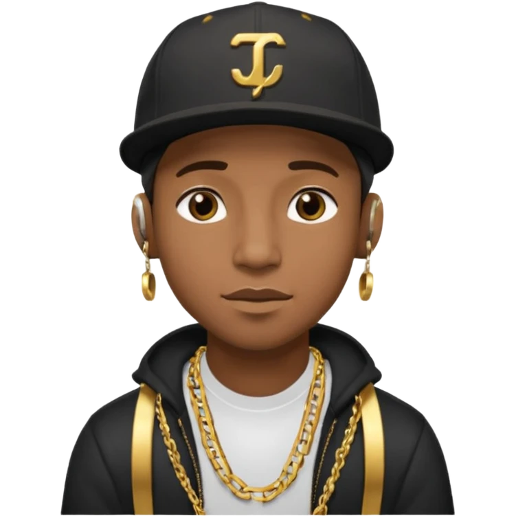 black guy with golden chains earbuds and a snapback cap emoji