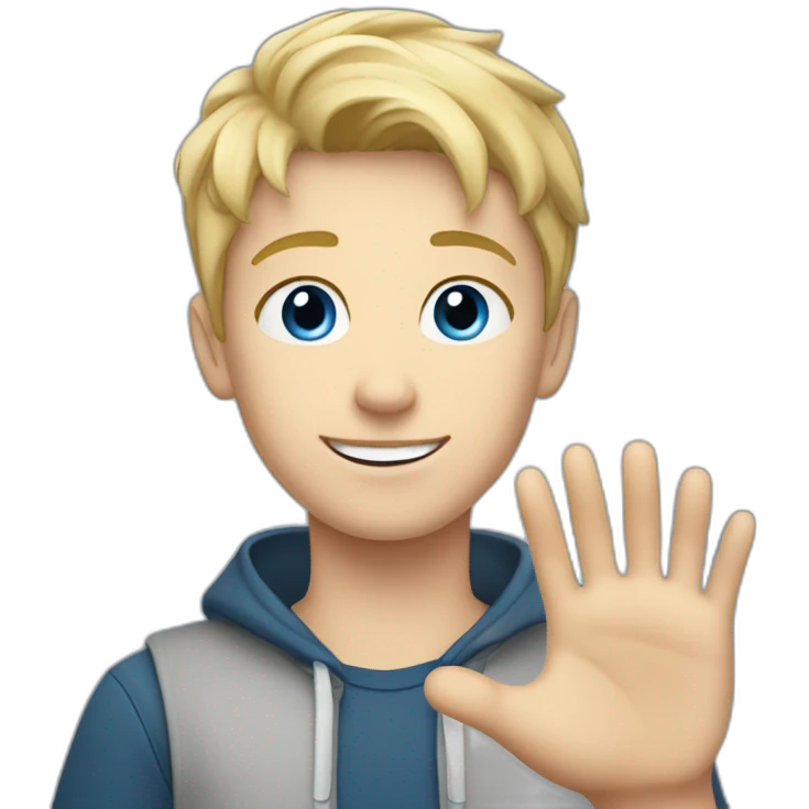 Blonde teen boy with medium short hair, blue eyes, waving hi with one hand to the camera emoji
