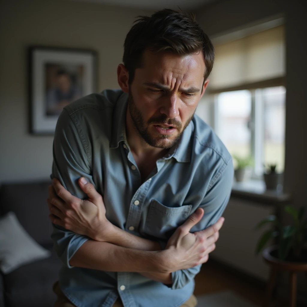 hyperrealistic 4K image of a man holding his side in sudden pain, face contracted with worry, domestic environment emoji