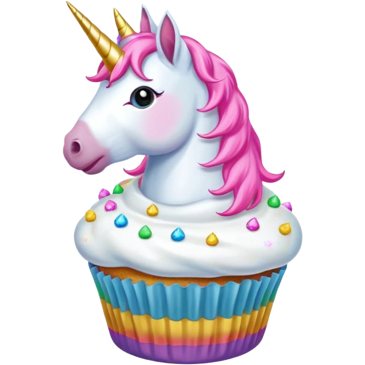 Unicorn farting sparkles while eating a cupcake over a rainbow emoji