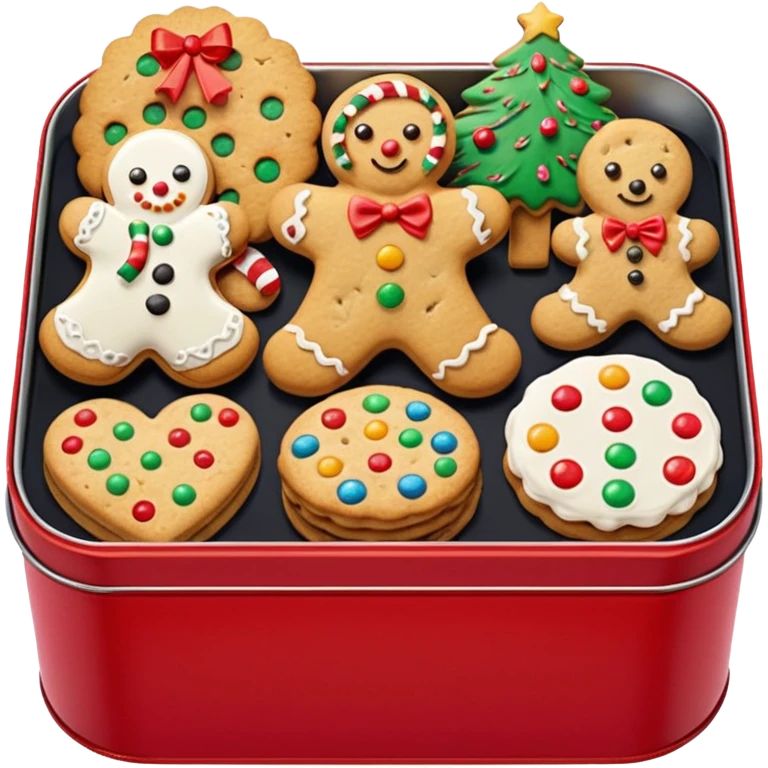 christmas biscuit and cookie tin with lots of different biscuits inside emoji