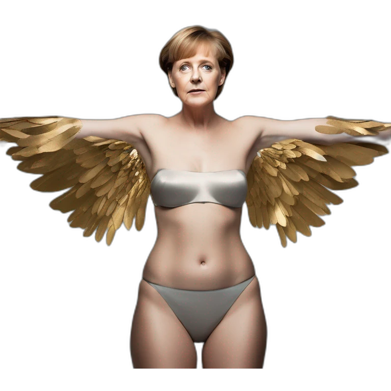 Angela Merkel, david bellemere, Bare belly, Wings, Choker, Bathed in shadows, FOV 90 degrees, short lighting, L USM, Cold Colors, gilded technique, extremely hyper aesthetic, absurdres emoji