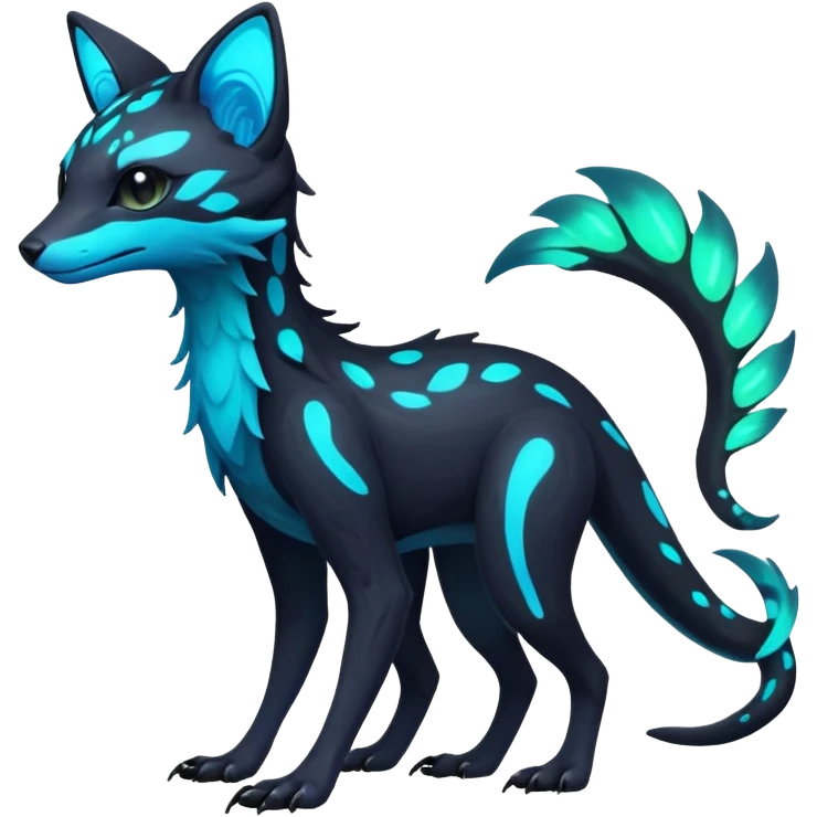 Rare realistic dark-neon glowing bioluminescent edgy badass epic pretty beautiful handsome gorgeous aesthetic colorful vibrant Vernid-Trico-species-Fakemon-creature by LiLaiRa, 4 legs, 1 tail, random markings, (full body) emoji