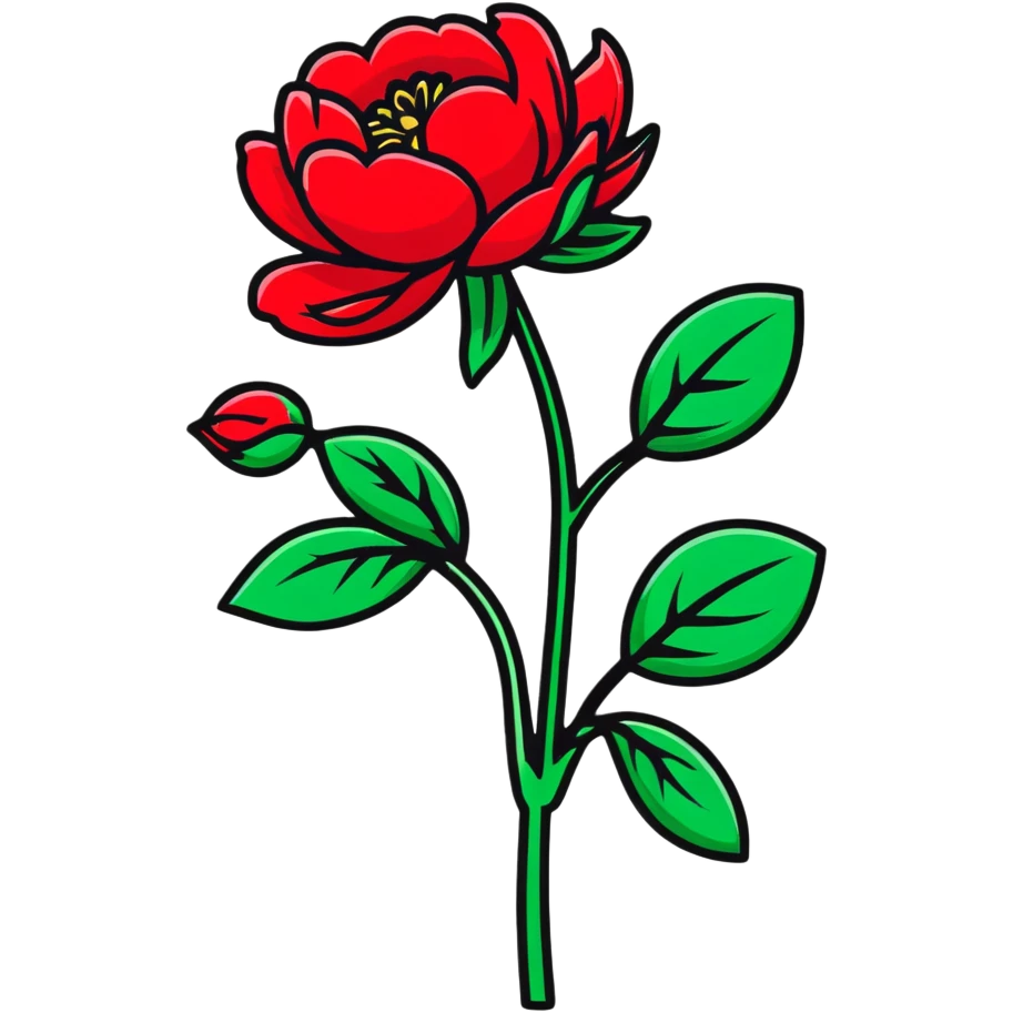 A single red peony flower with green leaves emoji