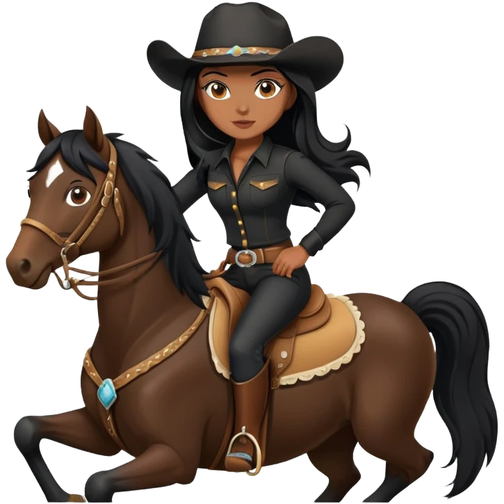 confident hot tanned woman with long black hair wearing black outfit riding a horse cowgirl style emoji