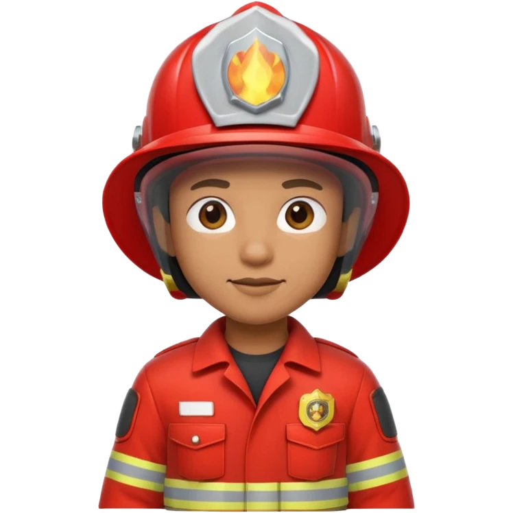 3D cartoon-style firefighter in the Apple emoji style, wearing a bright red fireproof uniform and matching helmet emoji