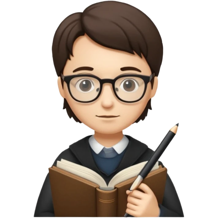 writer holding big pen in hand and closed book in other hand, wearing glasses emoji