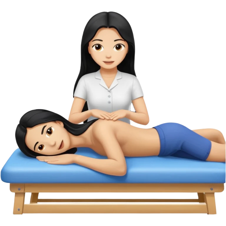 Philippines woman with long hair is on massage table. a blond white man is massaging her emoji