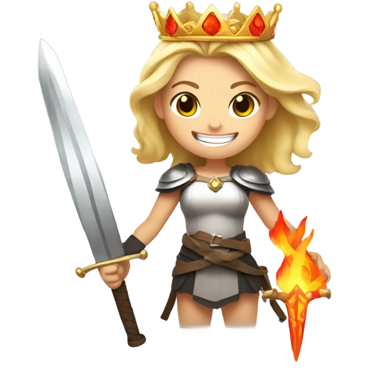 Blonde girl with a crown holding swords  with a grin and flames around her emoji