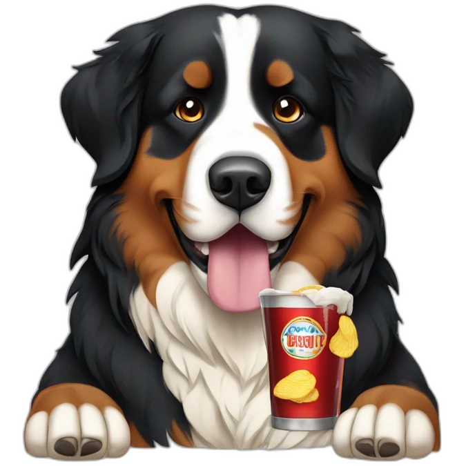 bernese mountain dog drinking beer eating chips emoji