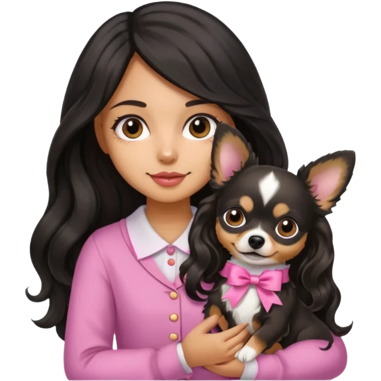 A girl with light to medium skin with olive skin tone, with long black hair with wavy bottom. Holding a chihuahua dog wearing a ribbon emoji