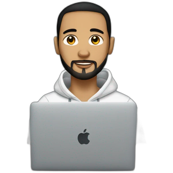 man with black hair ponytail and shaved beard on a hoodie sitting with macbook emoji