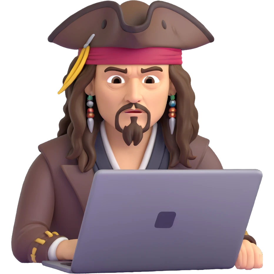 Captain Jack Sparrow as a serious coder typing on a laptop emoji