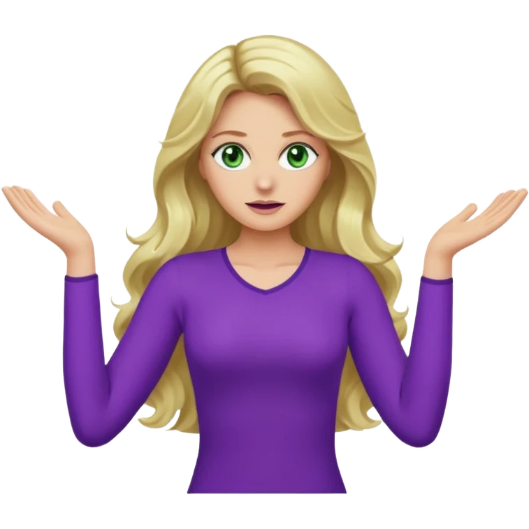 lady with long blonde wavy hair, green eyes and purple top top throwing arms in the as if confused emoji