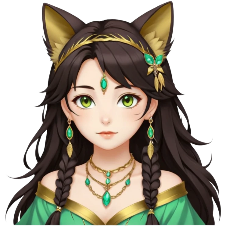 Beautiful gorgeous anime lady with beautiful dark-brown-special-hair, fashion aesthetic, ethereal, feather, accessories, gold jewelries, gold, colorful, feline ears, hazel-green eyes emoji