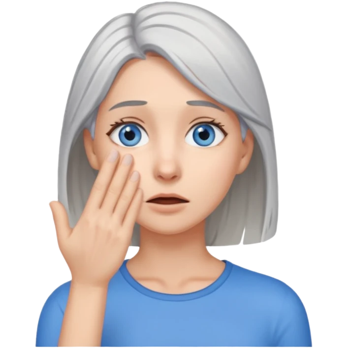 young woman with gray hair and blue eyes and 1 palm of hand covering face in exasperation emoji