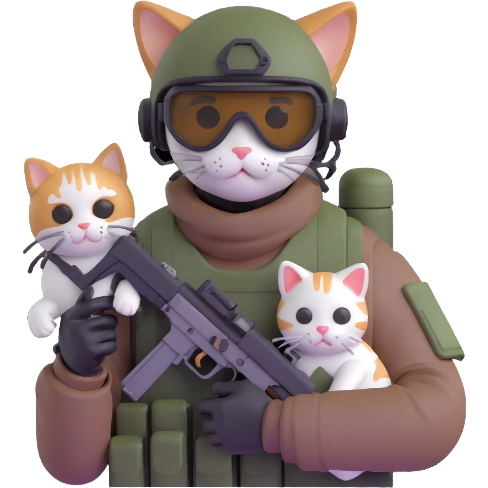 Man in tactical airsoft gear wearing protective goggles on face, holding a gun in one hand and a white and brown cat in the other hand emoji