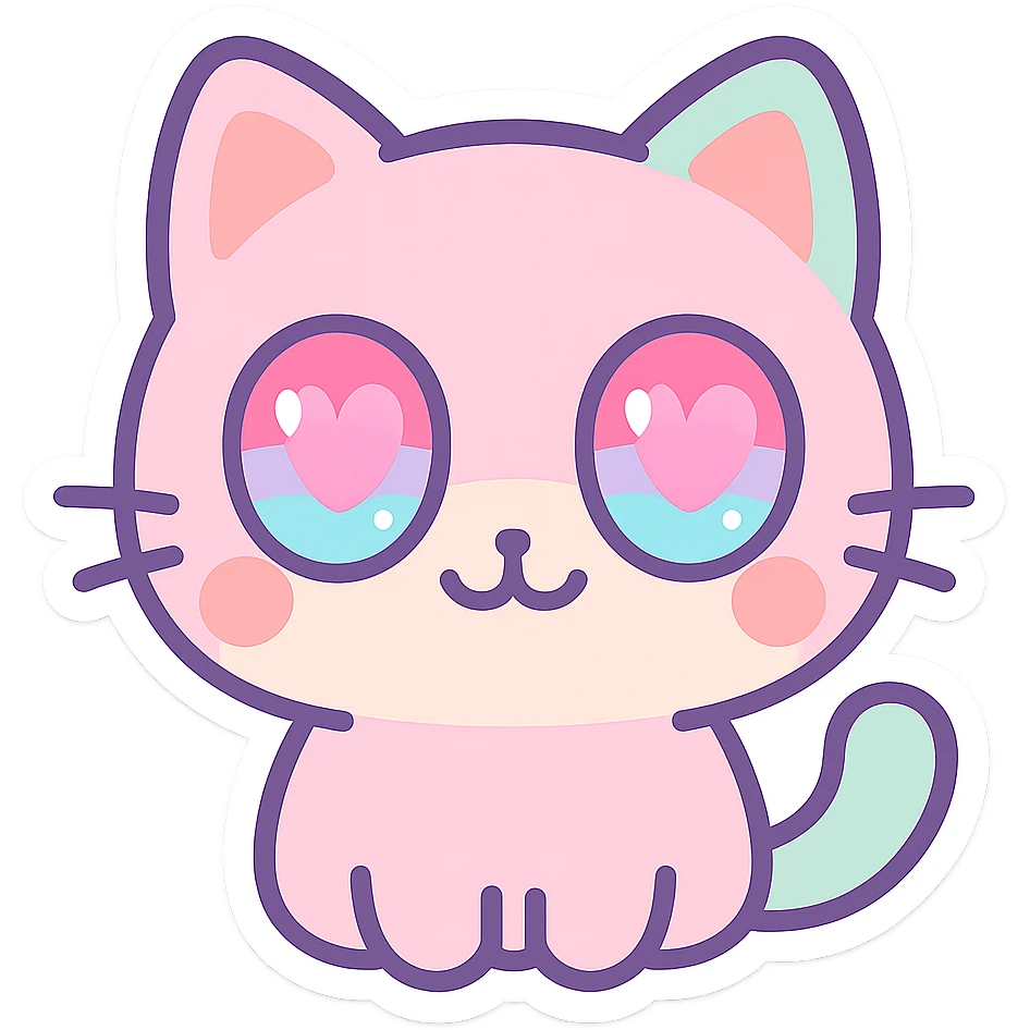 cute chibi cat close-up, sparkling heart eyes, pastel colors, die-cut sticker, white background, minimal vector illustration emoji