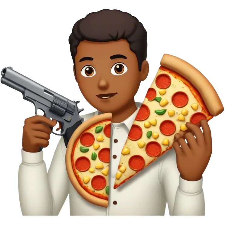 A person eating pizza and corn, with a gun emoji