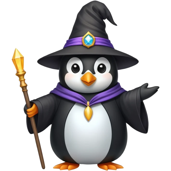 Penguin dressed as a wizard with a magic wand and wizard hat emoji