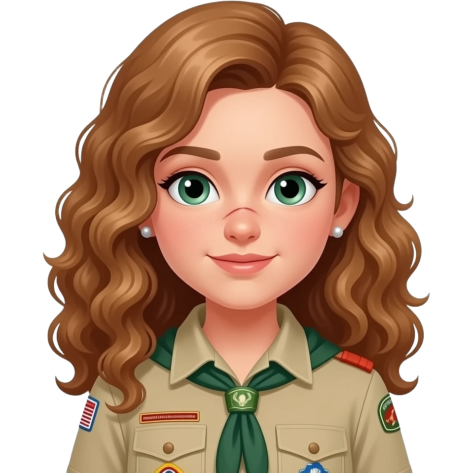 draw a girl in scout uniform with light brown ,curling , long hair in a low ponytailand green eyes and a scar on her nose she has also some earrings and the hair is flat emoji